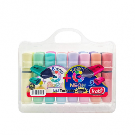 Resaltador Pastel + Neón Valija Trabi X 16 Colores